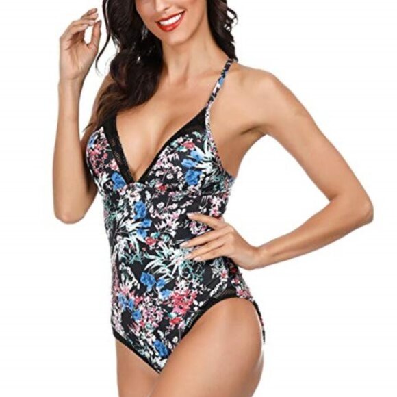 TROPICAL LACE PLUNGE ONE PIECE SWIMSUIT - Picture 1 of 12